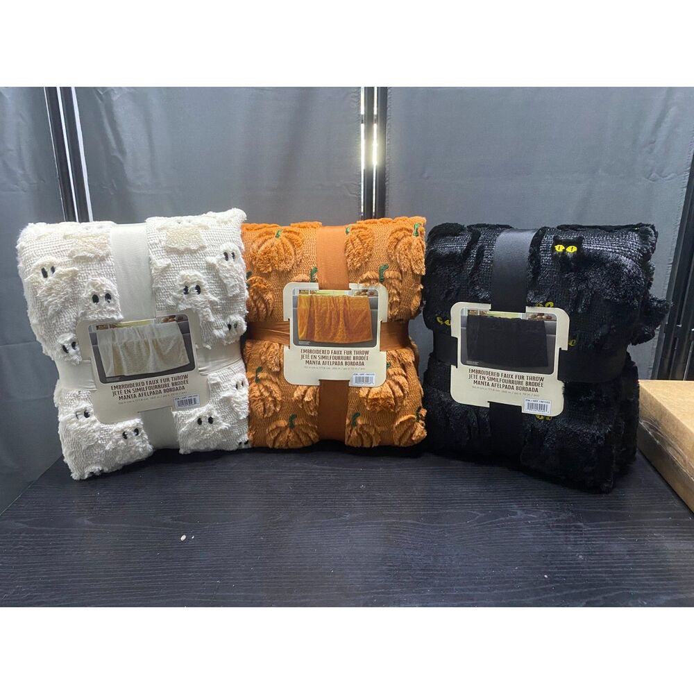 NWT Costco Halloween Faux Fur Throw Blanket Lot of 3 Ghost Cat Pumpkin